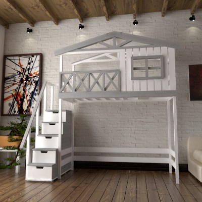 Кровать чердак двухъярусная в виде домика Chalet-G1-S-CH-LKP4  из массива сосны 